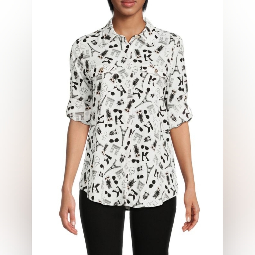 Karl Lagerfeld Paris Whimsical Flowy Graphic Eiffel Tower Cat Shirt XS